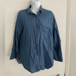 Zara Relax Fit 3/4 Sleeve Button Up Collared Chambray Shirt Size S
